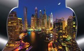 Fotobehang - Vlies Behang - Dubai Stad in de Nacht door Metalen Lijst 3D - 312 x 219 cm