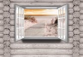 Fotobehang - Vlies Behang - Strandpad door de Duinen naar het Strand en Zee door het Raam 3D - 208 x 146 cm