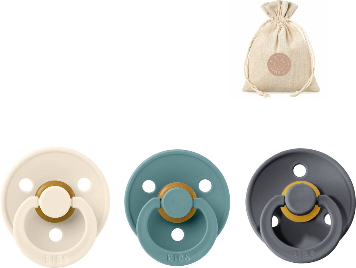 Goedkoopste BIBS spenen T2 met speenzakje - Ivory, Island Sea, Iron - 6 tot 18 maanden