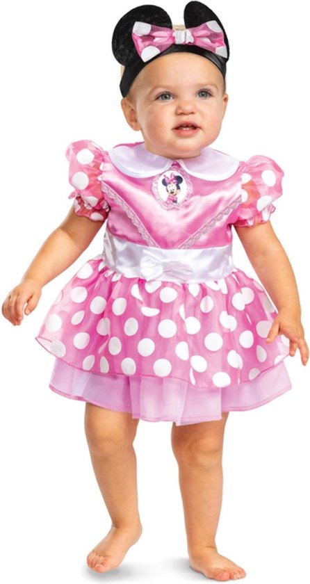 Smiffys - Disney Minnie Mouse Classic Kostuum Jurk Kinderen - 12-18 maanden - Roze/Wit