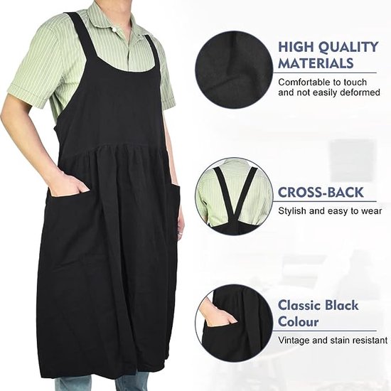 Tablier Tablier de cuisine en coton pour femme Tablier de cuisine noir Tablier en coton à l'entrejambe Tablier à bavette Tablier en coton de 87 cm de longueur Tablier avec poches Gants de jardinage pour l'artisanat de jardinage, noir