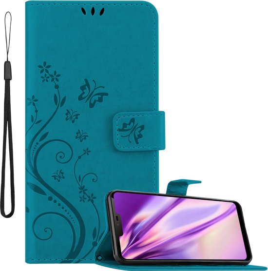 Cadorabo Hoesje geschikt voor LG G7 ThinQ / FIT / ONE in BLOEMEN BLAUW - Beschermhoes in bloemmotief met magnetische sluiting, standfunctie en kaartsleuven Book Case Cover Etui