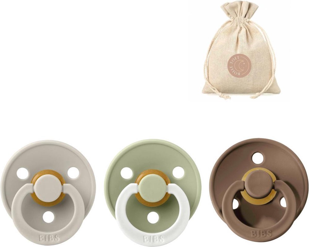Goedkoopste BIBS spenen T2 met speenzakje - Sand, Dark oak en Glow in the dark Sage - 6 tot 18 maanden