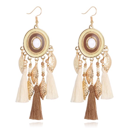 Boucles d'oreilles tendance avec pendentif rond, breloques et pompons - marron