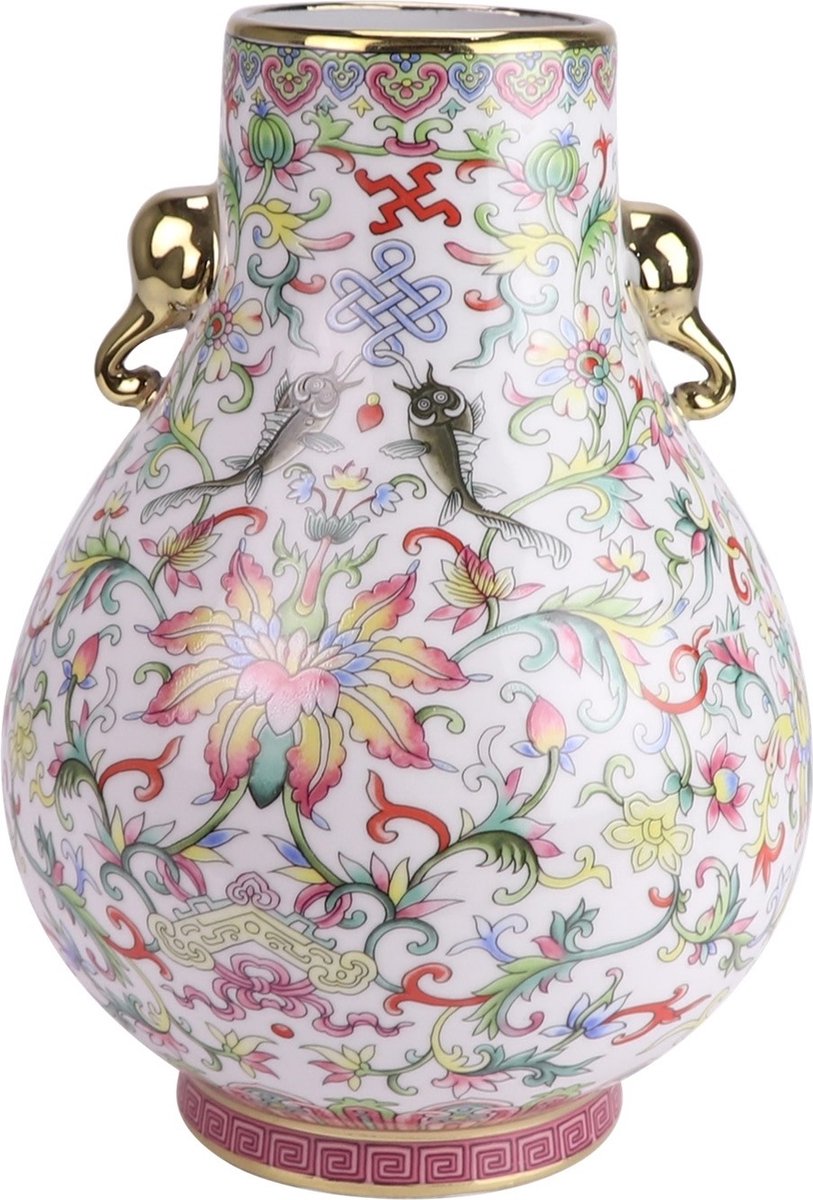 Fine Asianliving Chinese Vaas Porselein Wit Handgeschilderd D22xH31cm Wit, Multicolour