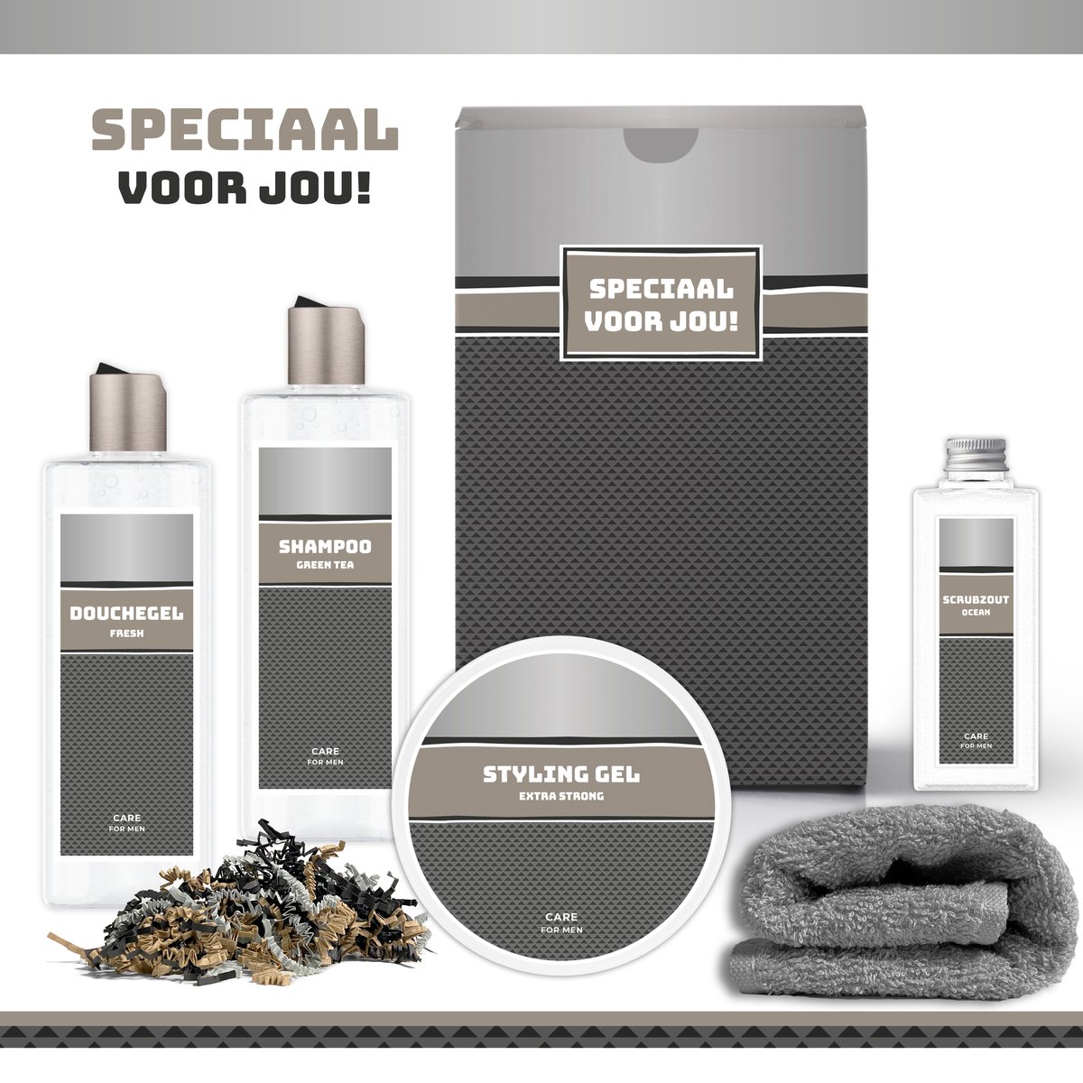 Goedkoopste Geschenkset Speciaal voor jou! - 5 Producten - 900 Gram | Giftset voor hem - Luxe Wellness Cadeaubox man - Douchegel - Bodylotion - Styling Gel - Scrubzout - Vaderdag - Verjaardag Vader - Cadeau Pakket - Cadeau set - Vriend - Collega - Antraciet
