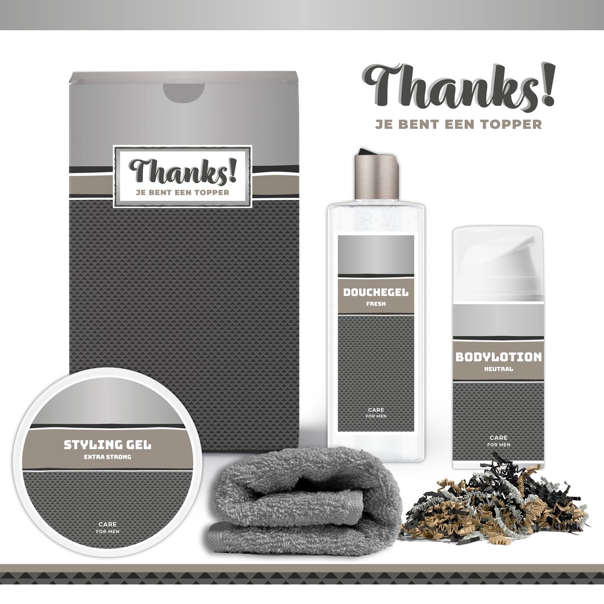 Goedkoopste Geschenkset Thanks! Je bent een topper - 4 Producten - 600 Gram | Giftset voor hem - Luxe cadeaubox man - Bodylotion - Douchegel - Styling gel - Vader - Wellness - Pakket - Cadeau set - Bedankt - Thank You - Broer - Vriend - Collega - Zilver