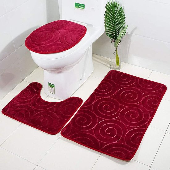 Badmattensets 3-delige antislip en wc-tapijtset van 3 badmatten-set U-vorm contourbadmat & badmat tapijten (rood)