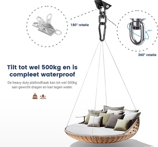 Plafondhaak Zwart – Ophangen bokszak, schommel, schommelstoel en hangstoel – Ophangsysteem – Ophanghaak – Plafondbeugel – Schommelhaak - Ophangbeugel – met Karabijnhaak - RVS – 500kg Draaggewicht