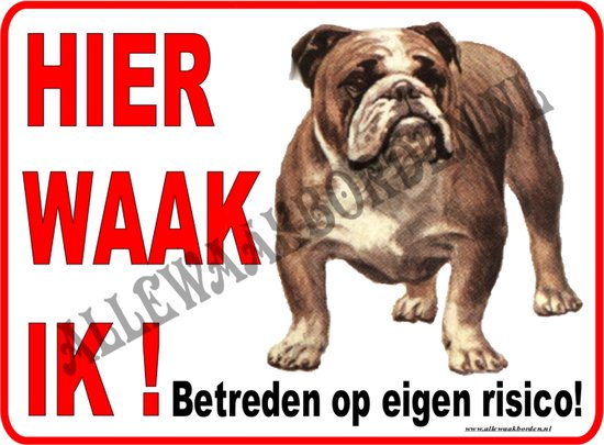 Foto: Engelse bulldog 132 formaat 15x20cm ondergrond wit tekst hier waak ik 