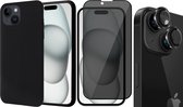 Hoesje geschikt voor iPhone 15 Plus - Privacy Screenprotector FullGuard & Camera Lens Screen Protector Zwart - Back Cover Case SoftTouch Zwart