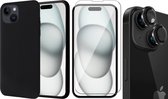 Hoesje geschikt voor iPhone 15 Plus - Screenprotector GlassGuard & Camera Lens Screen Protector Zwart - Back Cover Case SoftTouch Zwart