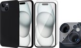 Hoesje geschikt voor iPhone 15 - Screenprotector GlassGuard & Camera Lens Screen Protector - Back Cover Case SoftTouch Zwart