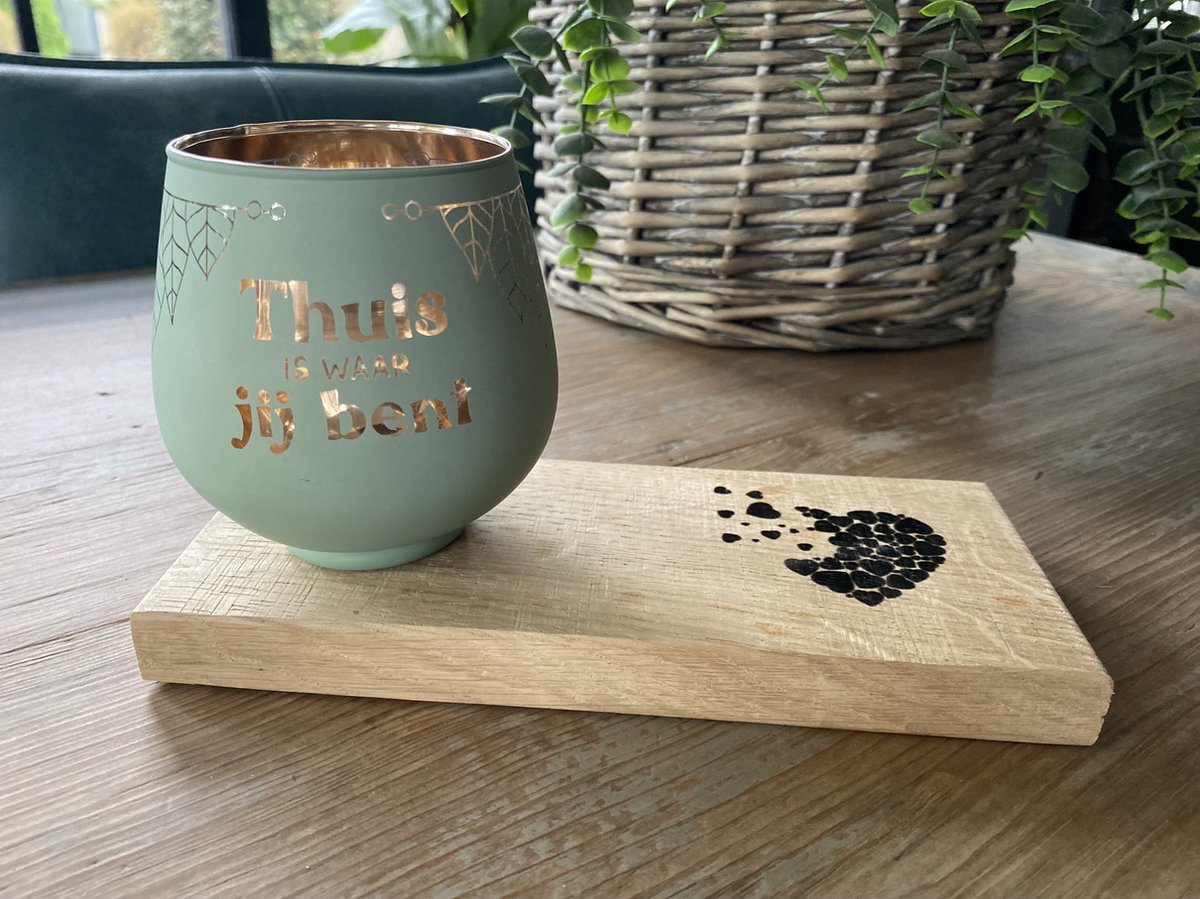 Creaties van hier Verhuizen (thuis) - Kaarsen - Theelichthouder met Plankje - Glas - 9,4x8,9 cm