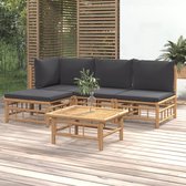 The Living Store Bamboe Lounge Set - Middenbank - Hoekbank - Voetenbank - Tafel - donkergrijs kussen - 100% polyester