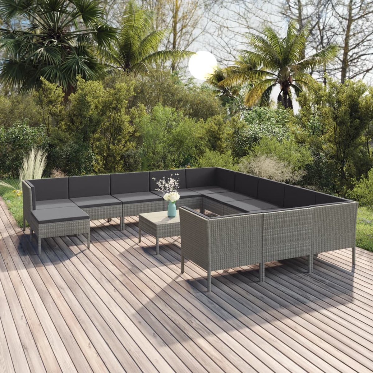 The Living Store 13-delige Loungeset met kussens poly rattan grijs - Lounge Set - Tuinmeubels - Loungestoel - Buitendining - Tuinontwerp