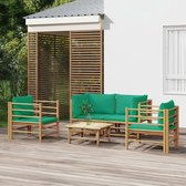 The Living Store Bamboe Tuinset Hoekbank | 2x Stoel | Tafel | Groen Kussen - Duurzaam - Comfortabel - Modulair ontwerp - 100% Polyester