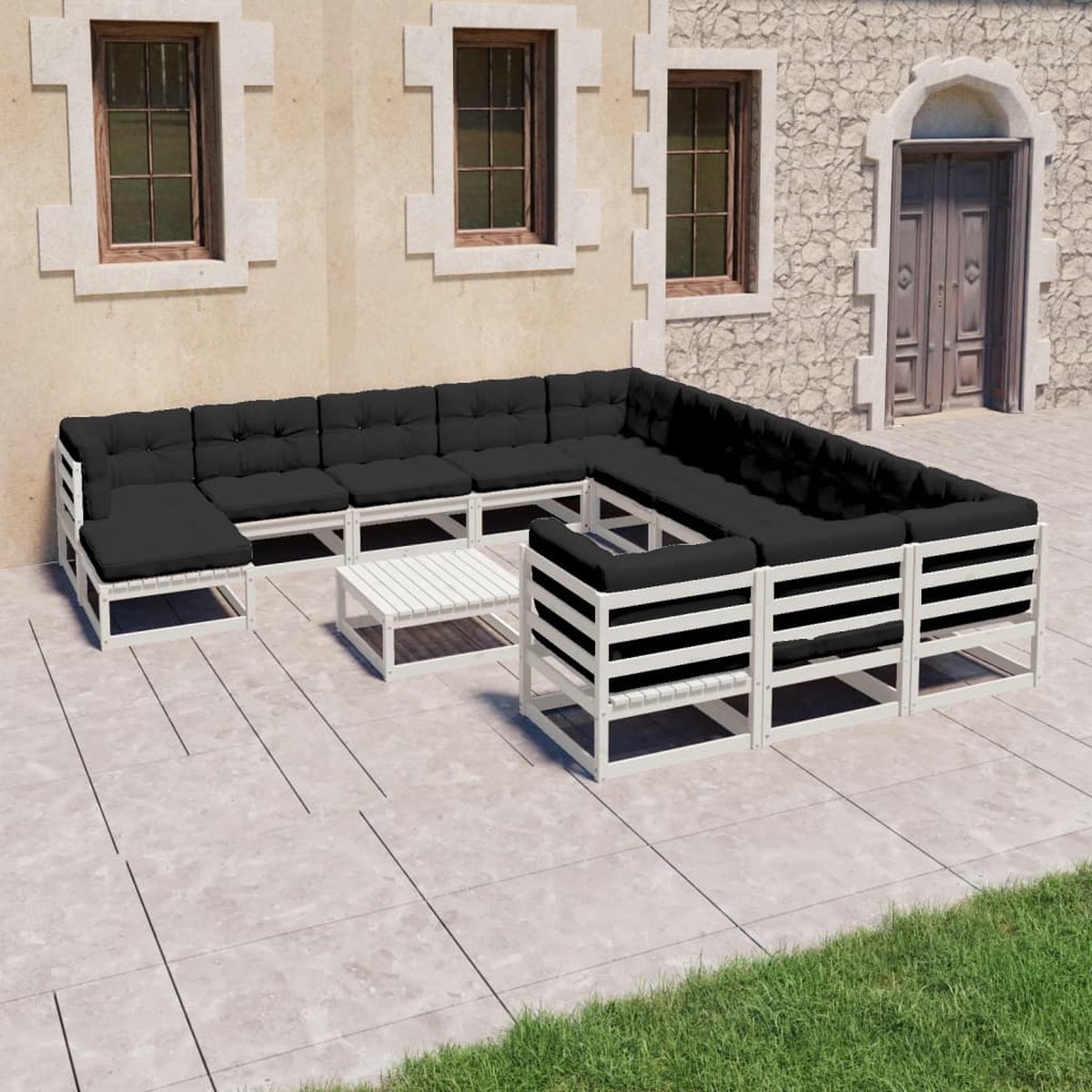 The Living Store 13-delige Loungeset met kussens massief grenenhout wit - Tuinstoel - Lounge Set - Buitendecor - Houten Tuinmeubels - Tuinset
