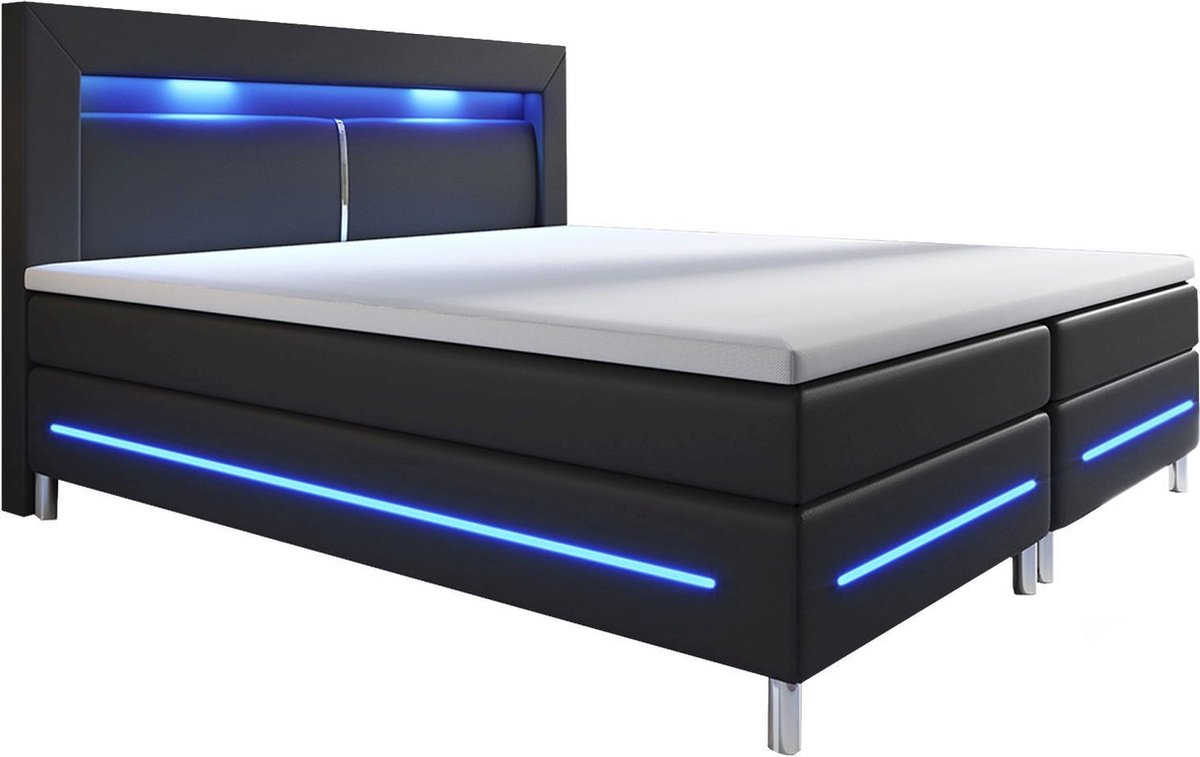 Juskys Boxspringbed / Boxspring Norfolk - 180 x 200 cm - Zwart - LED - Incl. Matras & Topper