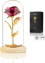 Rose de Luxe en Glas avec LED - Rose dorée sous cloche en Verres - Fête des mères - Connue de La Beauty et la Bête - Cadeau pour la mère de son amie - Rose avec feuilles - Base lumineuse - Qwality