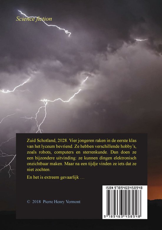 Boekomslag met donkere onweerslucht en bliksem. Tekst over jongeren, robots en een uitvinding.