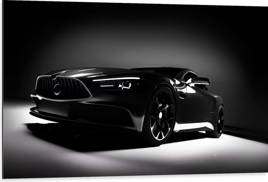 Dibond - Zwarte Auto in Grijs met Zwarte omgeving - 105x70 cm Foto op Aluminium (Wanddecoratie van metaal)