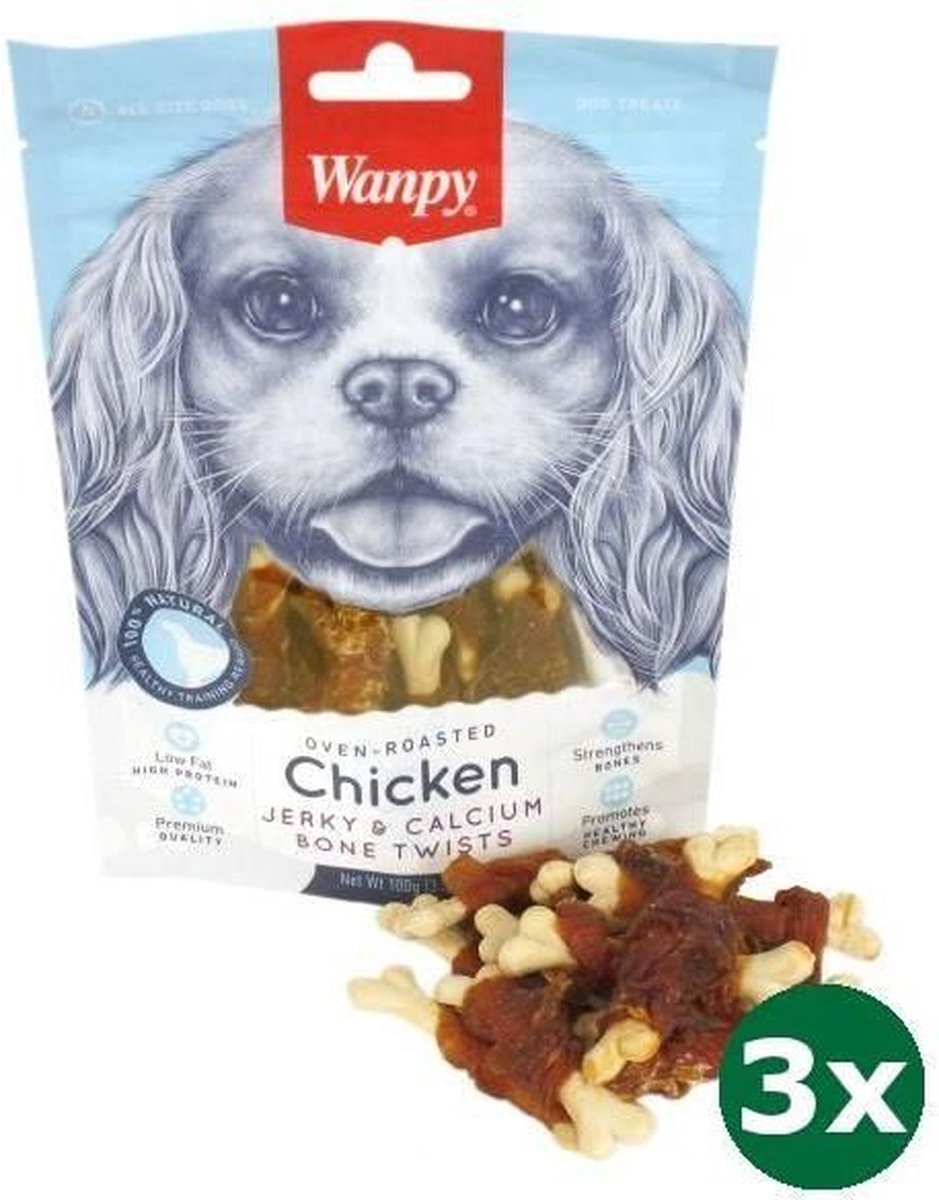 3x100 gr Wanpy oven-roasted chicken jerky / calcium bone twists hondensnack