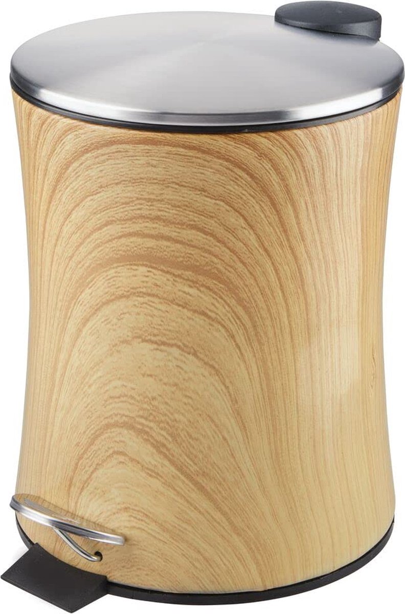 Pedaalemmer - 5L metalen pedaalemmer met deksel en kunststof inzetstuk - Perfect als cosmetica- of prullenbak voor badkamer, keuken, kantoor enz. - Houtkleur
