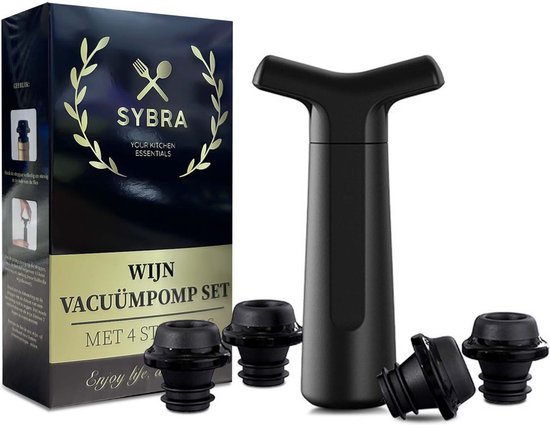 Sybra - Wijnstopper vacuüm - Met 4 Wijnstoppers - Wijn vacuüm pomp - Wijn accessoires - Wijnafsluiter - Wijndop - Wijn pomp - Vacuüm pomp - Wijn saver