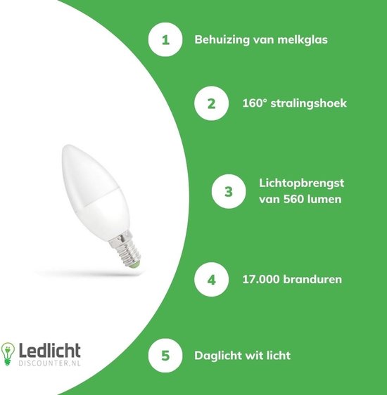 Spectrum - LED kaarslamp E14 C37 - 6W vervangt 46W - 6000K daglicht wit