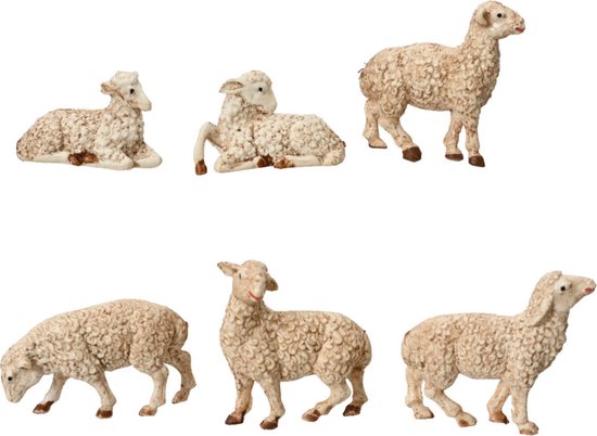 Figurines de moutons Decoris - 6x pièces - blanc - 12 cm - bois - figurines miniatures