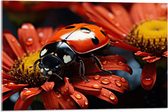 Acrylglas - Bloemen - Druppels - Rood - Lieveheersbeestje - 75x50 cm Foto op Acrylglas (Wanddecoratie op Acrylaat)