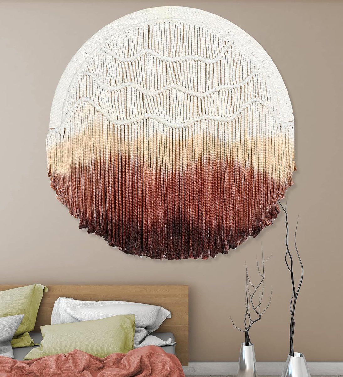Tapisserie Murale Macramé Bohème - Décoration Main En Fibre De Polyester & Bois - 40x120 Cm - Orange - Pour Salon, Chambre, Bureau