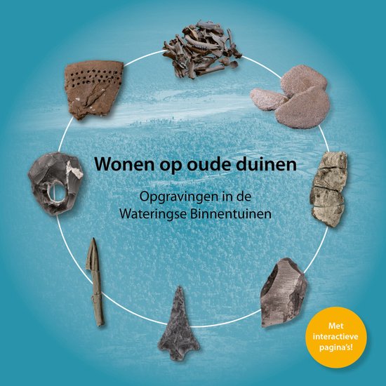 Centrale tekst 'Wonen op oude duinen' omringd door archeologische vondsten: aardewerk, botten, stenen en vuursteen. Gele cirkel met 'Met interactieve pagina's!'.