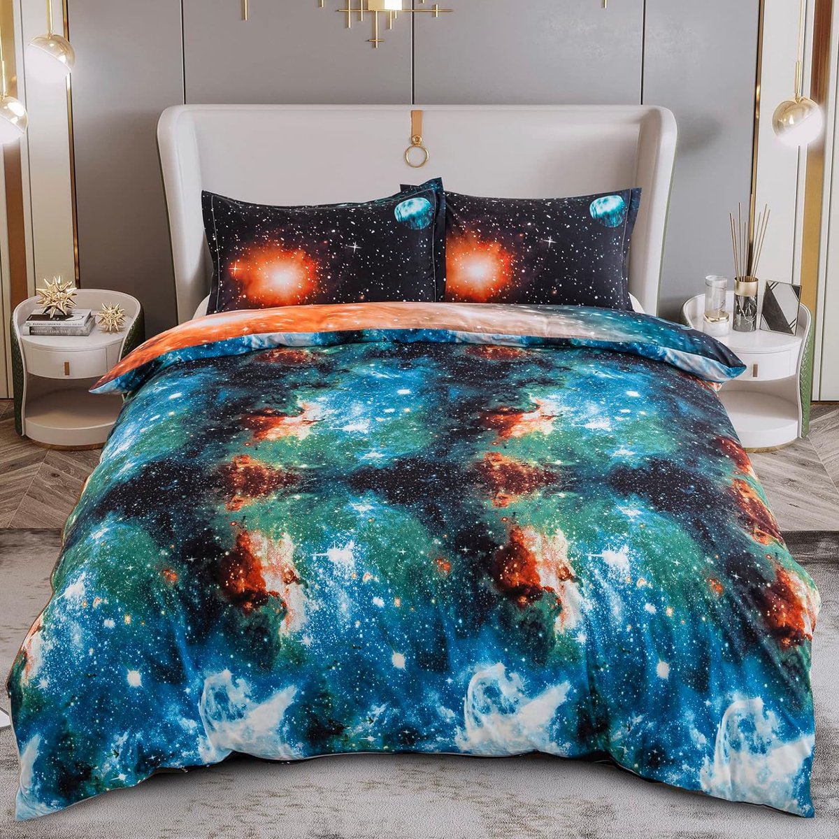 WONGS BEDDING Paarse Galaxy omkeerbare paarse maan dekbedovertrek bedrukt met ritssluiting voor volwassenen en kinderen, zachte microvezel, 220 x 230 cm