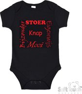 100% katoenen Romper "Stoer Eigenwijs Mooi Bijzonder Knap" Unisex Katoen Zwart/rood Maat 56/62