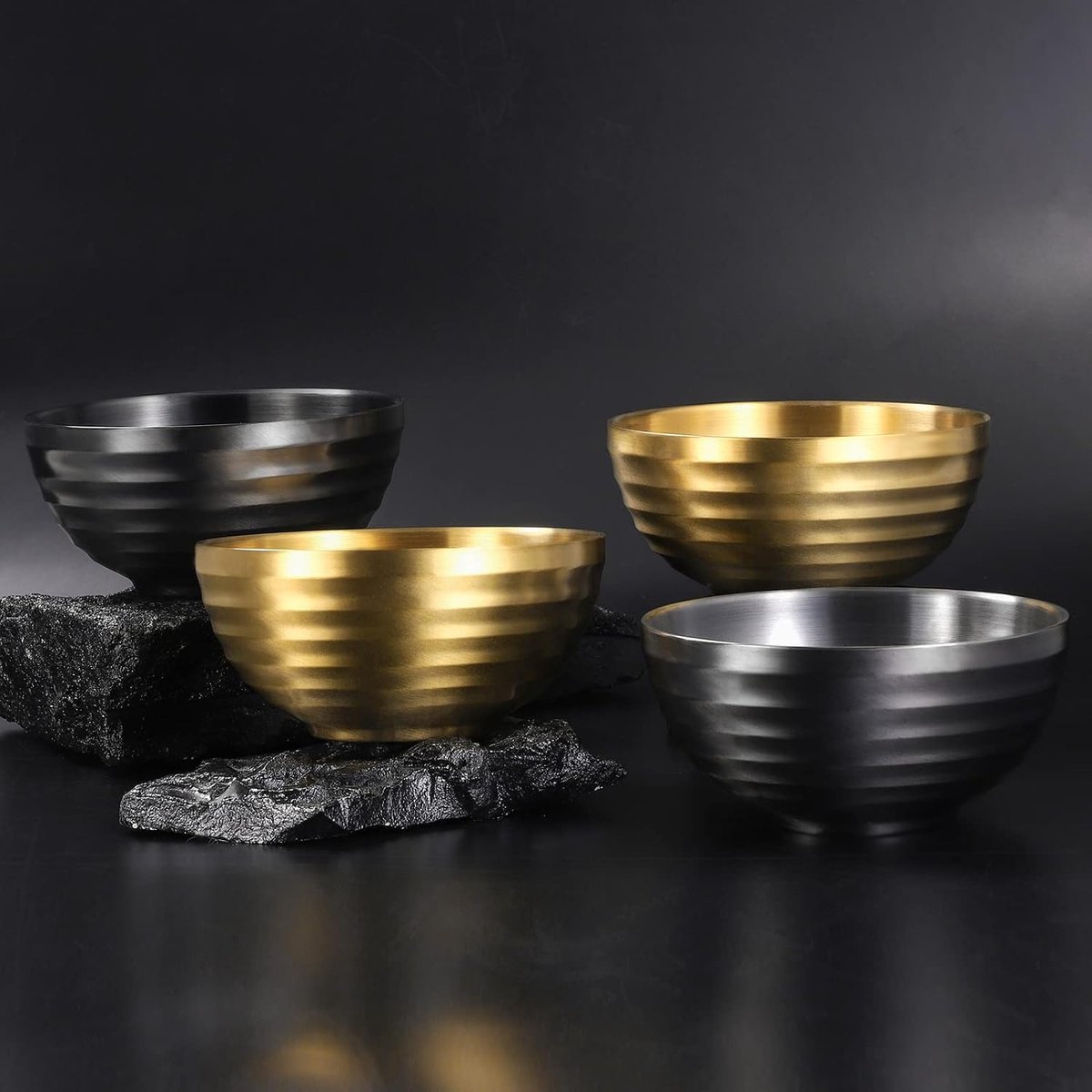 Roestvrijstalen dubbelwandige kommen set - noedelsoep rijst muesli fruit granen snack - vaatwasserbestendig - goud en zwart - 14 cm
