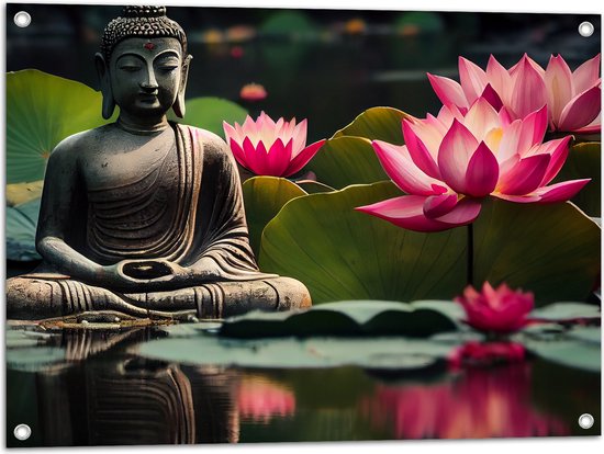 Tuinposter – Buddha - Waterlelies - Bloemen - Bladeren - Water - 80x60 cm Foto op Tuinposter (wanddecoratie voor buiten en binnen)