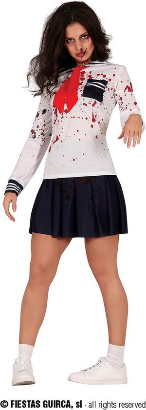 Guirca - Leraar & Professor & Scholier & Student Kostuum - Zombie Highschool Student Britney - Vrouw - Zwart, Wit / Beige - Maat 38-40 - Halloween - Verkleedkleding