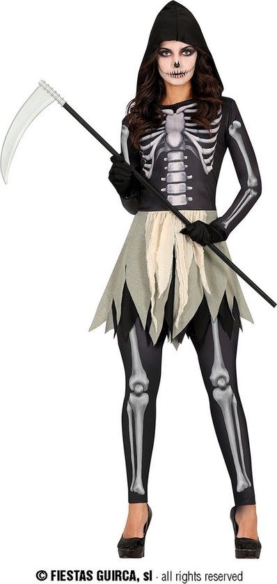Guirca - Spook & Skelet Kostuum - Opgestaan Uit De Dood Skelet - Vrouw - Zwart, Wit / Beige - Maat 36-38 - Halloween - Verkleedkleding