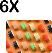 BWK Flexibele Placemat - Verschillende Soorten Sushi op een Oranje Achtergrond - Set van 6 Placemats - 40x30 cm - PVC Doek - Afneembaar