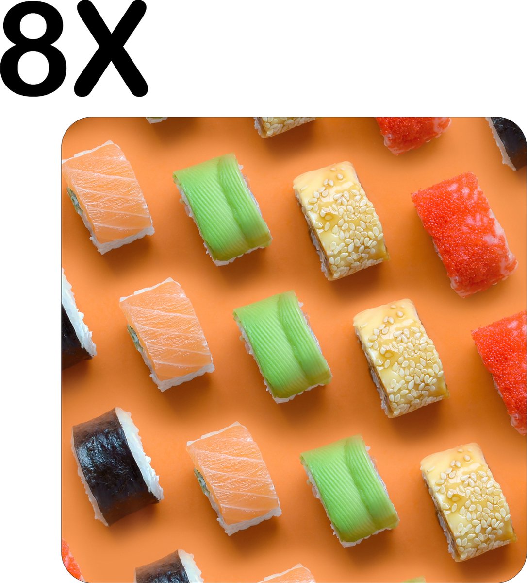 BWK Stevige Placemat - Verschillende Soorten Sushi op een Oranje Achtergrond - Set van 8 Placemats - 40x40 cm - 1 mm dik Polystyreen - Afneembaar