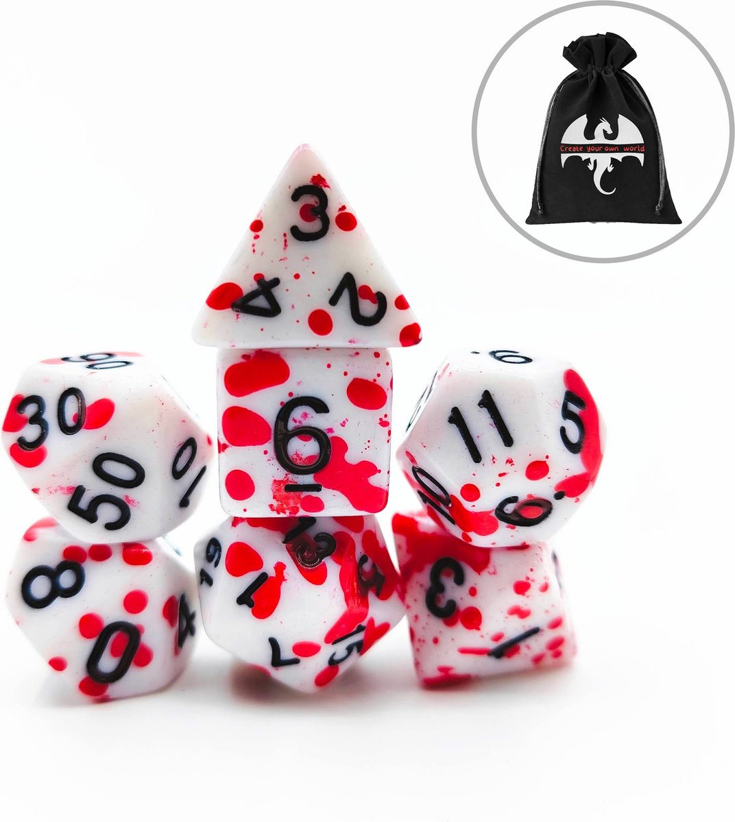 Lapi Toys - Dungeons and Dragons dobbelstenen - DnD - D&D - Polydice - 1 set (7 stuks) - Acryl - Wit - Rood