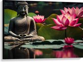 Canvas - Buddha - Waterlelies - Bloemen - Bladeren - Water - 100x75 cm Foto op Canvas Schilderij (Wanddecoratie op Canvas)