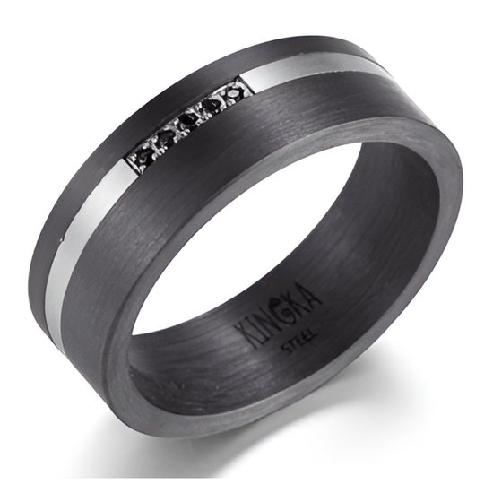 Magnetox X Kingka - Koolstofvezel - Ring - Zwart Met Witte Zirkoniasteen - Roestvrij Staal – Mannen - 56mm