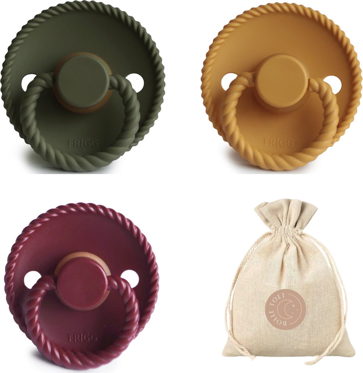 Goedkoopste FRIGG Rope T2 - Olive, Honey Gold, Sweet Cherry Bolletoet speenzakje - 6-18 maanden