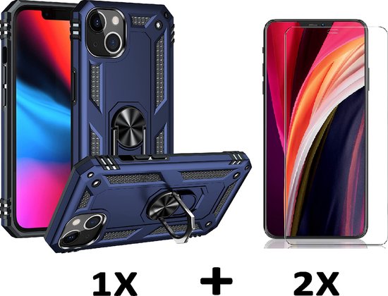 Casemania Coque pour Apple iPhone 15 Plus Blauw & 2X Protecteur d'écran en Verres - Armure Hybride Anti-Choc avec Ring de Béquille