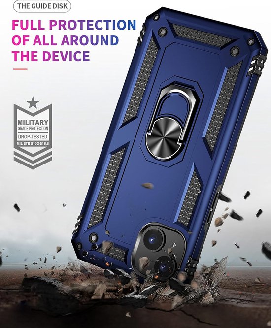 Test de chute d'une coque de téléphone bleu foncé avec anneau rotatif, "Full Protection".