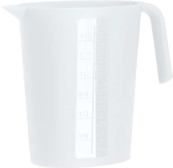 Witte kunststof maatbeker met handvat en opdruk 1L, 3/4, 1/2 en 1 1/4 liter