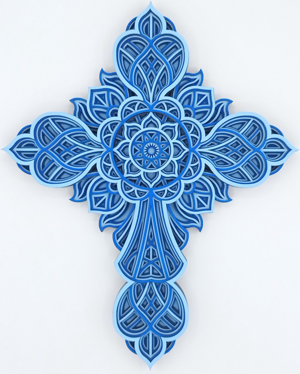Handgemaakte duurzame 3D-gelaagde Kruis Mandala Groot Blauw